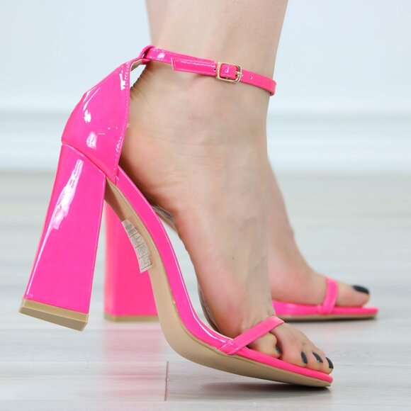 Neon Pink Block High Heel Open Toe Sandals Ankle Strap - Picture 6 of 12